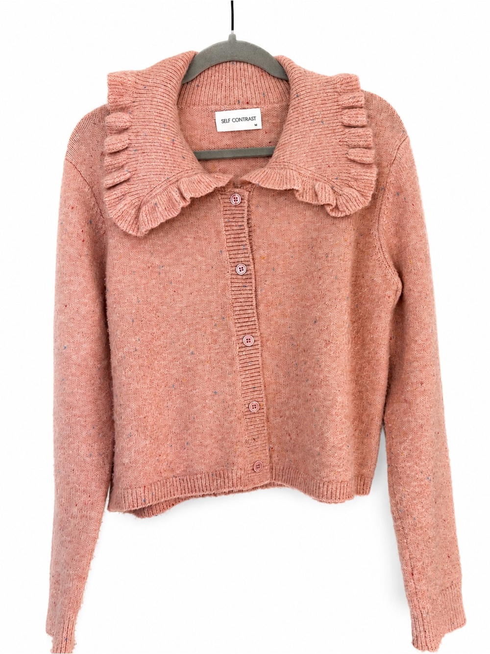 Self Contrast Pink Speckled Ruffle Collar Cardigan Size M